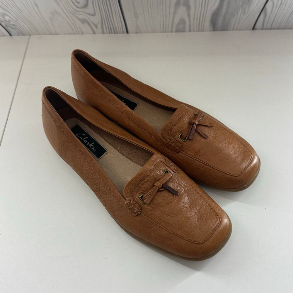 Clarks Tan Brown Leather Bow Moc Casual Loafers Shoes Women's Size 6 Comfort